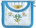 Tablier RF/RFM, VM, arrondi, satin, ruban turquoise plissé (ou bleu Pâle), bavette brodée Delta & G /Gloire, M:.B:., Eq. Compas, Acacia et lacs d'amour